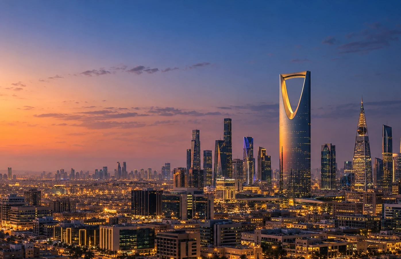The supplied sunset view of Riyadh, including Kingdom Centre and the city skyline